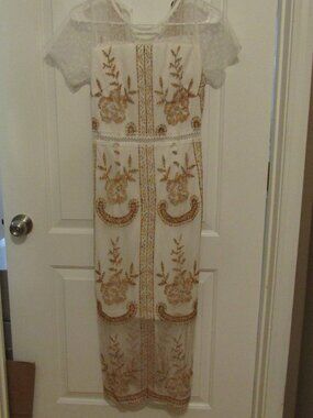 TICOSA Maxi White Lace Dress Size S w/ Floral Embroidery Rounded Neck Mesh Top